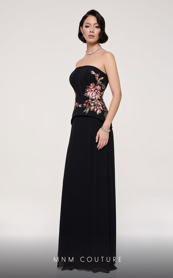 MNM Couture B1117 black mint column gown with floral embroidered corset and train |Couture Shop LA