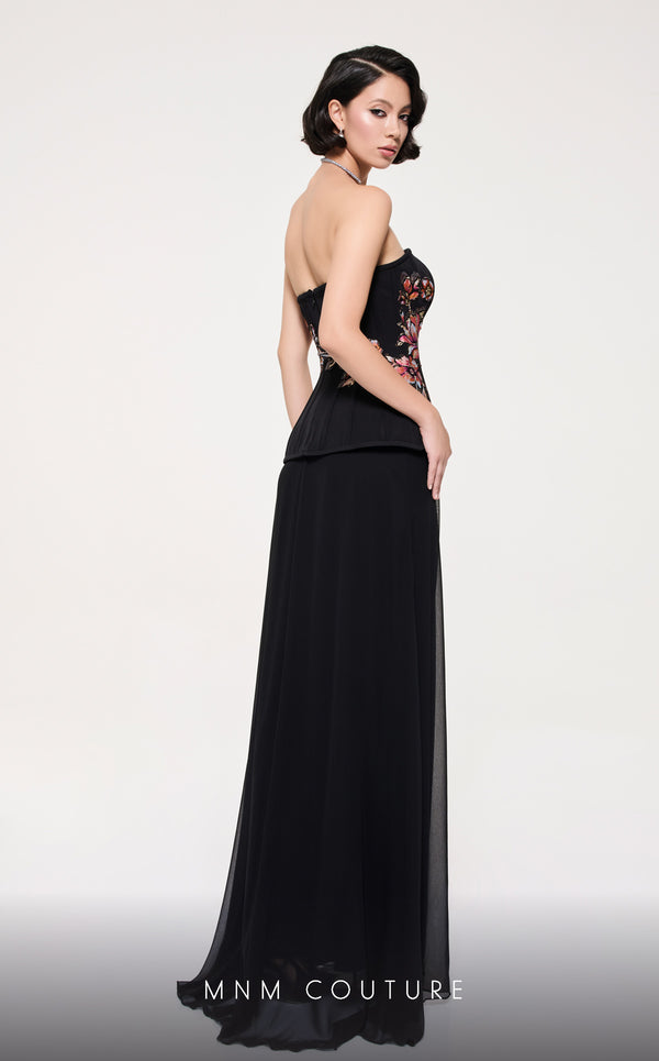 MNM Couture B1117 black mint column gown with floral embroidered corset and train |Couture Shop LA