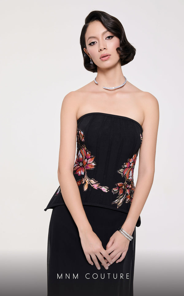 MNM Couture B1117 black mint column gown with floral embroidered corset and train |Couture Shop LA