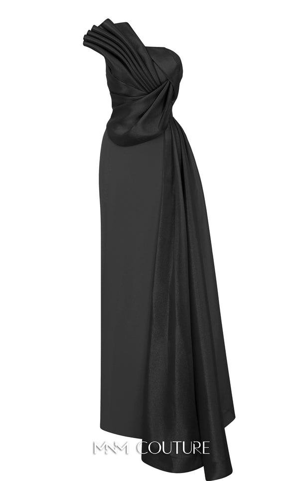 MNM Couture B1130 black gold red column gown with asymmetrical neckline and tassel details |Couture Shop LA