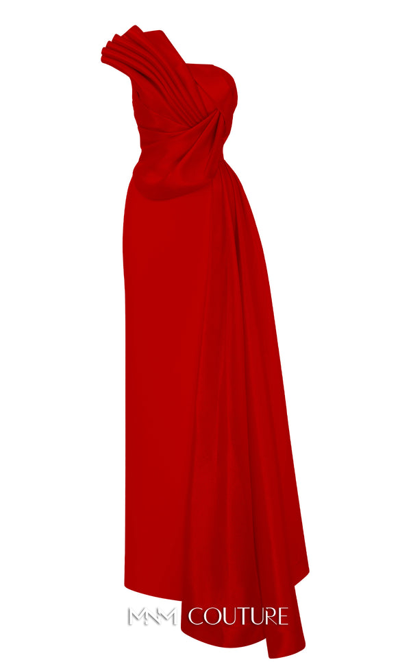 MNM Couture B1130 black gold red column gown with asymmetrical neckline and tassel details |Couture Shop LA