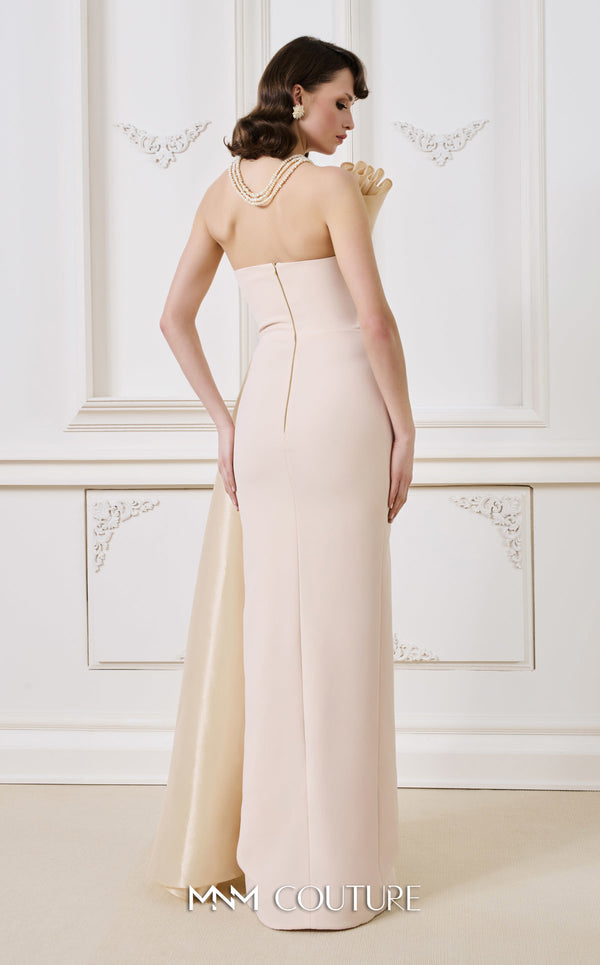 MNM Couture B1130 black gold red column gown with asymmetrical neckline and tassel details |Couture Shop LA