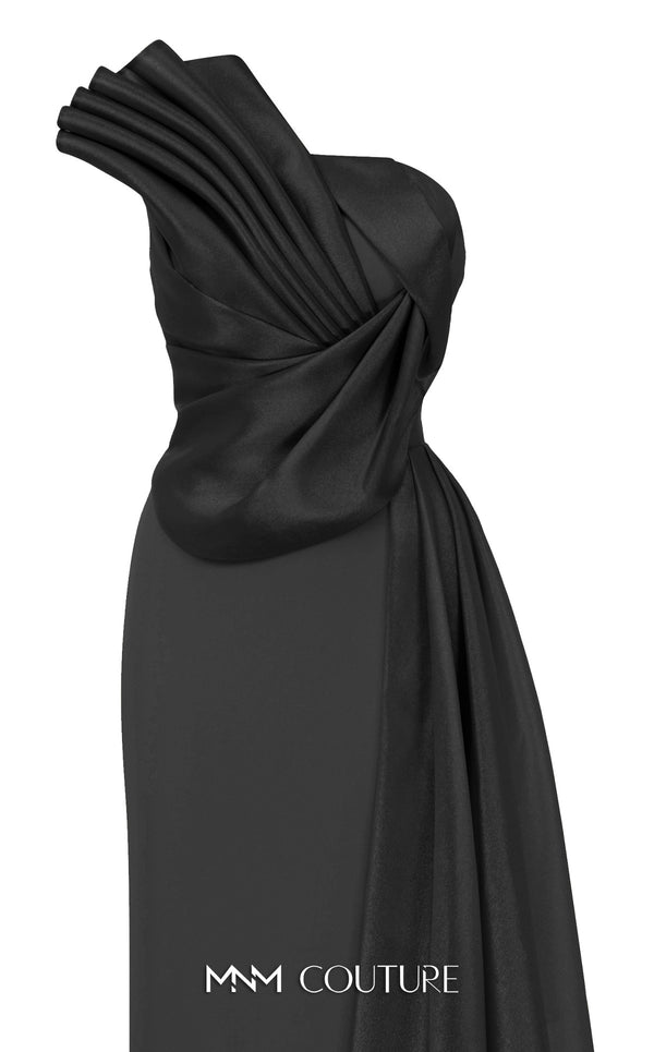 MNM Couture B1130 black gold red column gown with asymmetrical neckline and tassel details |Couture Shop LA