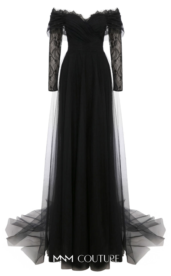 MNM Couture Style B1141 featuring a flared black organza gown with an off-the-shoulder sweetheart neckline, long sleeves, and a long, flowing train cape at the back.| Couture Shop LA.