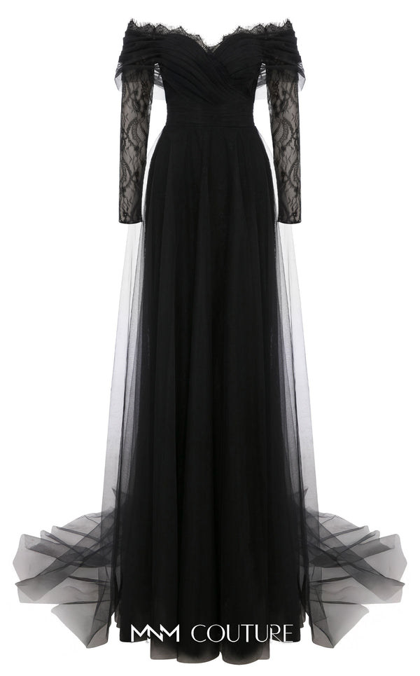 MNM Couture Style B1141 featuring a flared black organza gown with an off-the-shoulder sweetheart neckline, long sleeves, and a long, flowing train cape at the back.| Couture Shop LA.