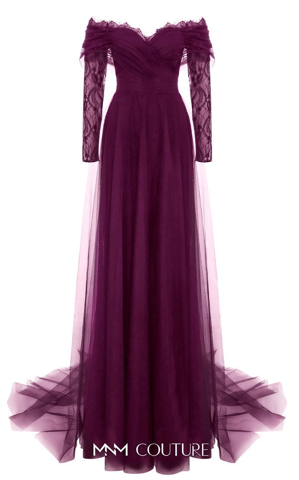 MNM Couture Style B1141 featuring a flared black organza gown with an off-the-shoulder sweetheart neckline, long sleeves, and a long, flowing train cape at the back.| Couture Shop LA.