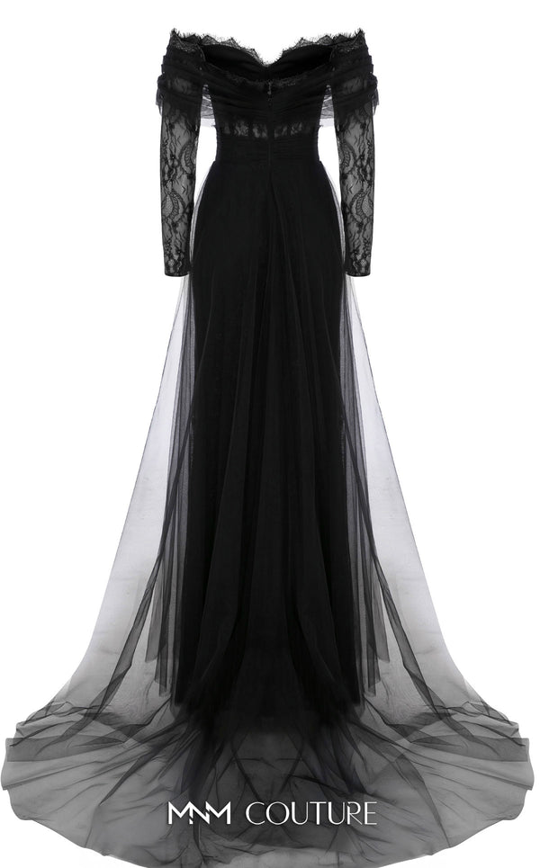 MNM Couture Style B1141 featuring a flared black organza gown with an off-the-shoulder sweetheart neckline, long sleeves, and a long, flowing train cape at the back.| Couture Shop LA.