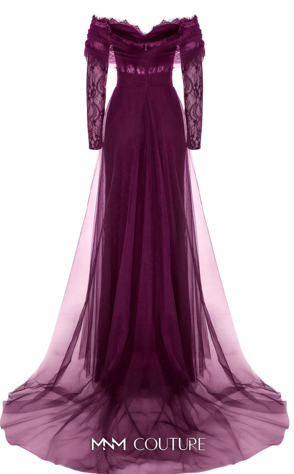 MNM Couture Style B1141 featuring a flared black organza gown with an off-the-shoulder sweetheart neckline, long sleeves, and a long, flowing train cape at the back.| Couture Shop LA.