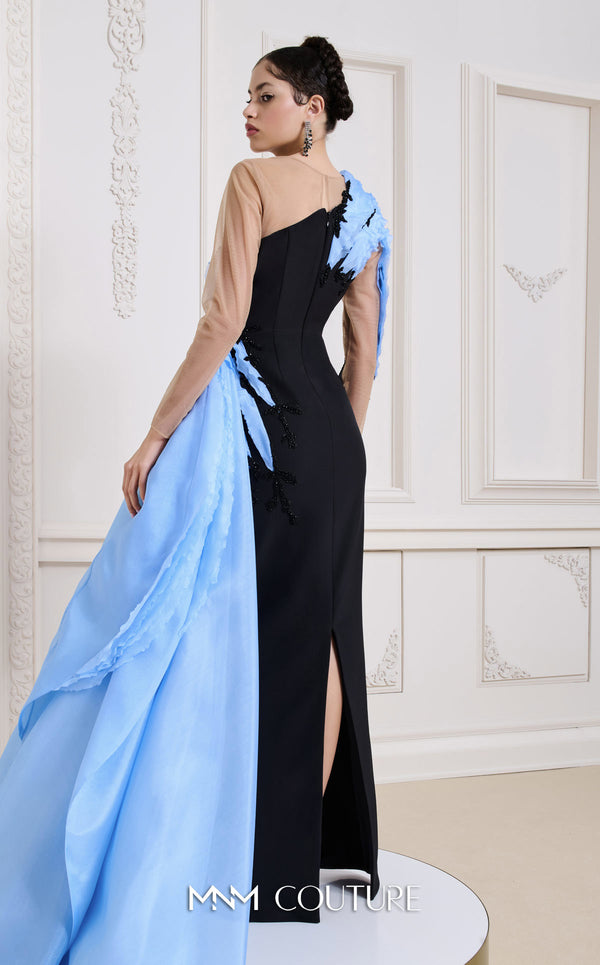MNM Couture Style B1152 showcasing a fitted column dress in black/blue rayon crepe with an illusion neckline, long sleeves, shoulder embroidery, and a one-sided detachable train skirt. | Couture Shop LA