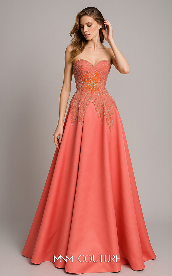 MNM Couture B1167 coral A-line gown with a sweetheart neckline and an intricately beaded and embroidered bodice. | Couture Shop LA