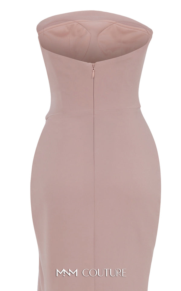 MNM Couture Style B1171 showcasing a pink sleeveless column dress in rayon crepe with a straight-across neckline, rhinestone triangle accent on the bust, and pleated waist detail. | Couture Shop LA