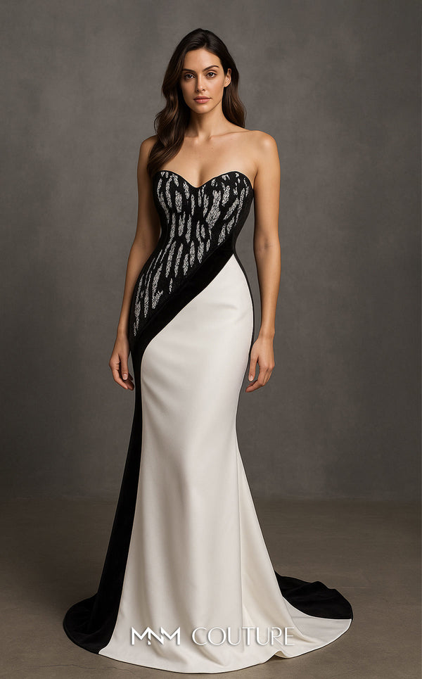 MNM Couture B1175 black and white strapless mermaid gown with asymmetrical stone-embellished lace panel and small train | Couture Shop LA.
