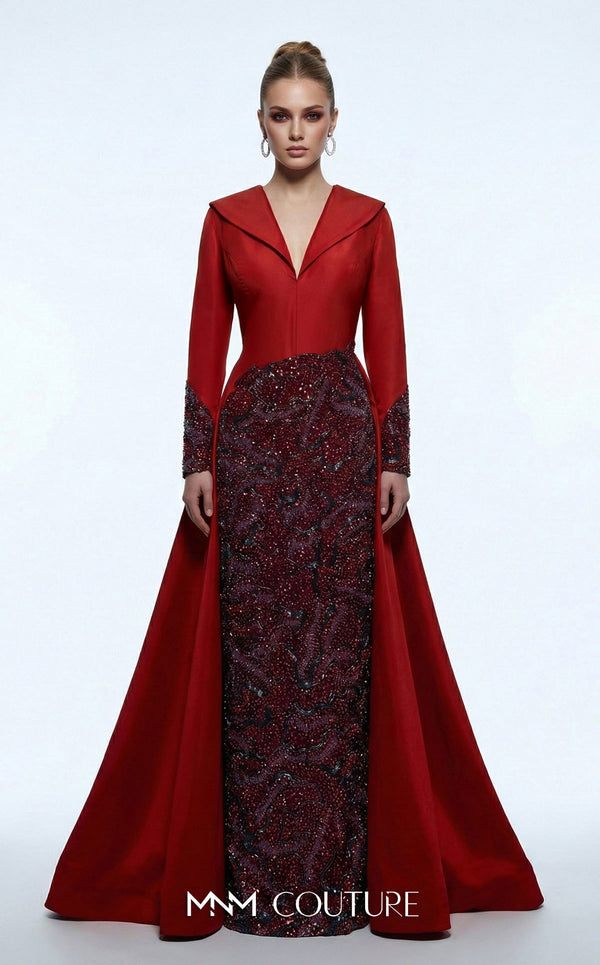 MNM Couture B1177 beaded taffeta column gown with lapel collar, long sleeves, V-neckline, and dramatic A-line overskirt train | Couture Shop LA.