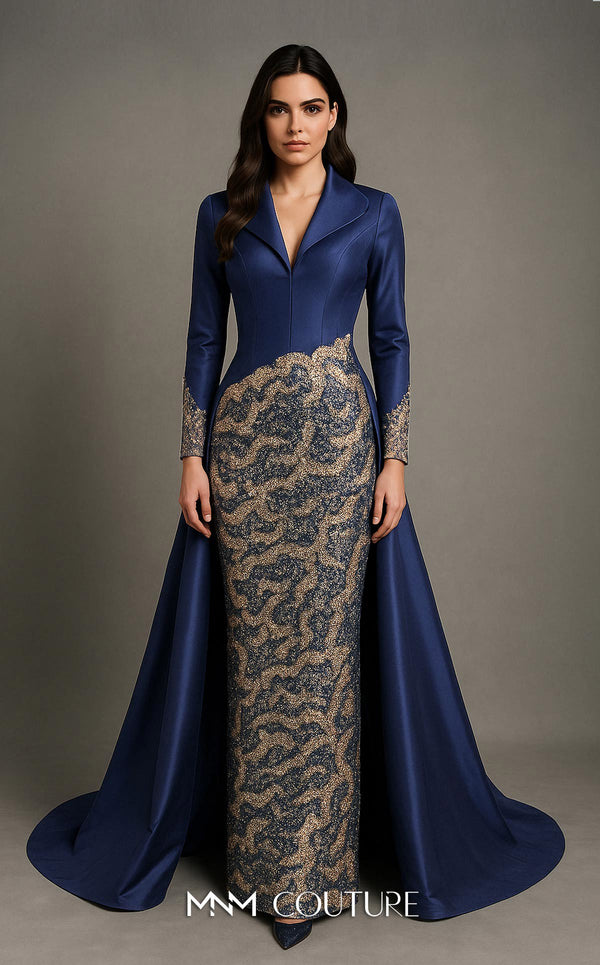 MNM Couture B1177 beaded taffeta column gown with lapel collar, long sleeves, V-neckline, and dramatic A-line overskirt train | Couture Shop LA.