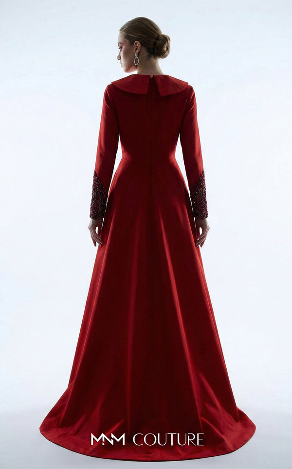 MNM Couture B1177 beaded taffeta column gown with lapel collar, long sleeves, V-neckline, and dramatic A-line overskirt train | Couture Shop LA.