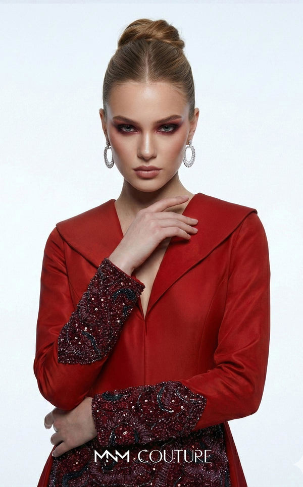 MNM Couture B1177 beaded taffeta column gown with lapel collar, long sleeves, V-neckline, and dramatic A-line overskirt train | Couture Shop LA.