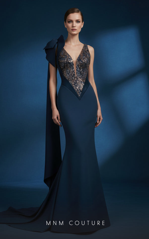 MNM Couture B1180 crepe mermaid gown with sequined bodice, deep V sheer panel, capped sleeve, and asymmetric shoulder train | Couture Shop LA.
