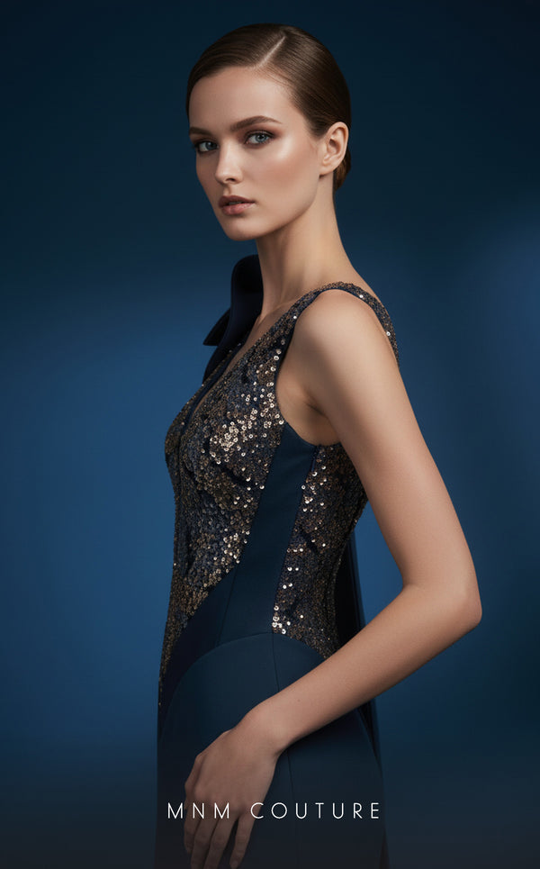 MNM Couture B1180 crepe mermaid gown with sequined bodice, deep V sheer panel, capped sleeve, and asymmetric shoulder train | Couture Shop LA.