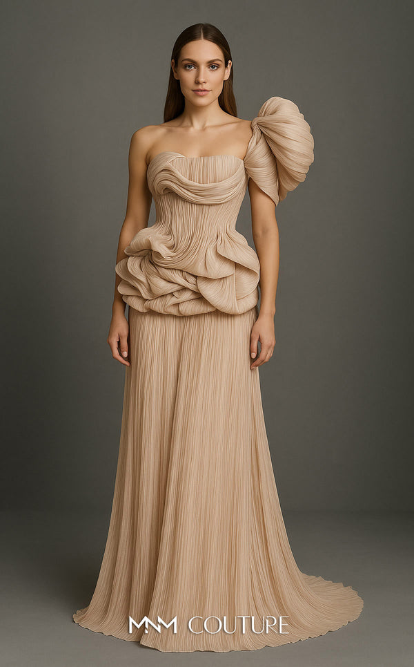 MNM Couture B1181 beige pleated chiffon gown with an asymmetric oversized shoulder ruffle and a large rosette detail on the waist. | Couture Shop LA