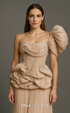 MNM Couture B1181 beige pleated chiffon gown with an asymmetric oversized shoulder ruffle and a large rosette detail on the waist. | Couture Shop LA