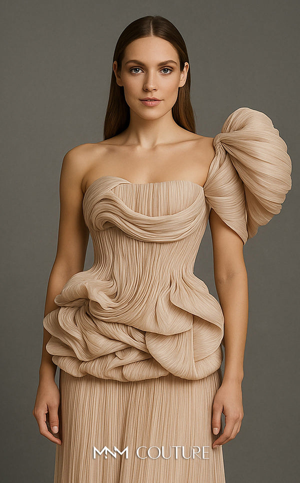 MNM Couture B1181 beige pleated chiffon gown with an asymmetric oversized shoulder ruffle and a large rosette detail on the waist. | Couture Shop LA