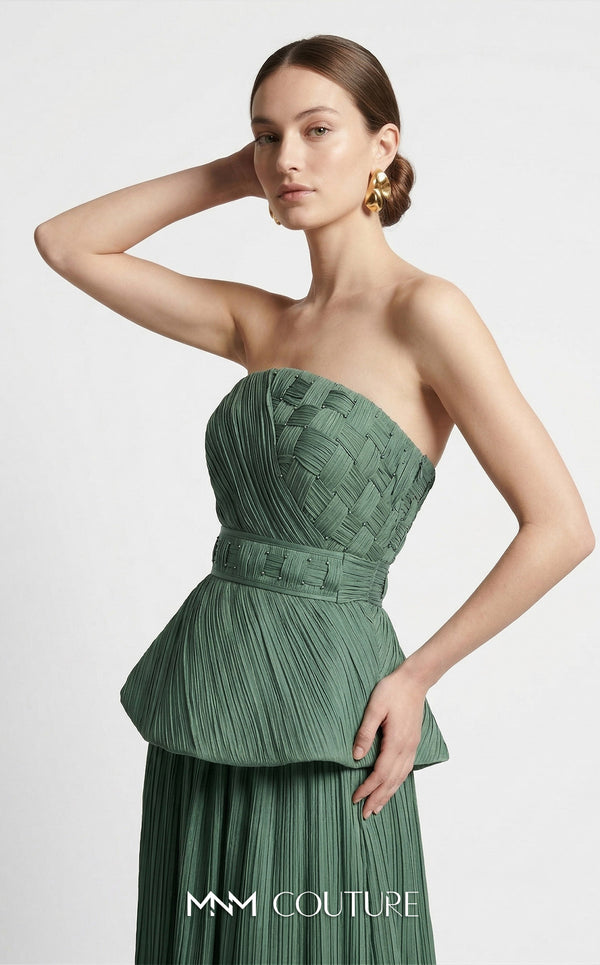 MNM Couture B1186 strapless pleated organza A-line gown with arched neckline, basket-weave bodice, peplum, and waist-accentuating belt | Couture Shop LA.