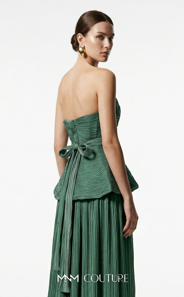 MNM Couture B1186 strapless pleated organza A-line gown with arched neckline, basket-weave bodice, peplum, and waist-accentuating belt | Couture Shop LA.