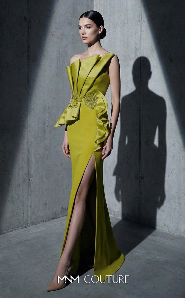 MNM Couture Style B1188 strapless column gown with an asymmetrical pleated neckline, side slit, and beaded floral peplum. | Couture Shop LA