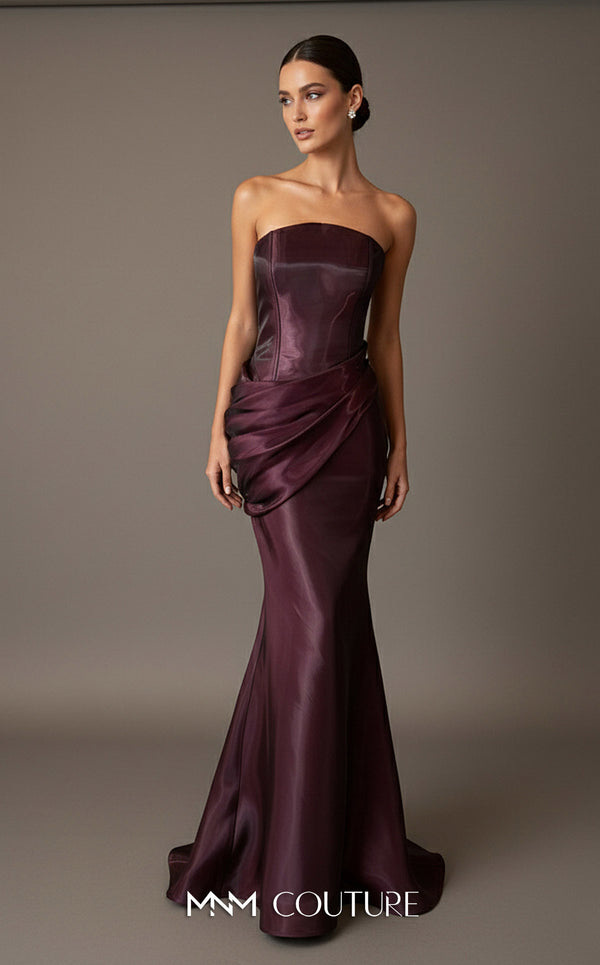 MNM Couture B1194 strapless liquid satin mermaid gown with arched neckline and asymmetrical drape from upper waist to lower hip | Couture Shop LA.
