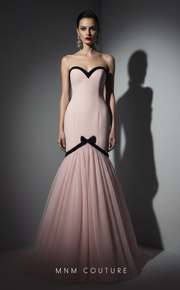 Pink crepe and tulle luxury gala gown with sequined bow MNM Couture B1203