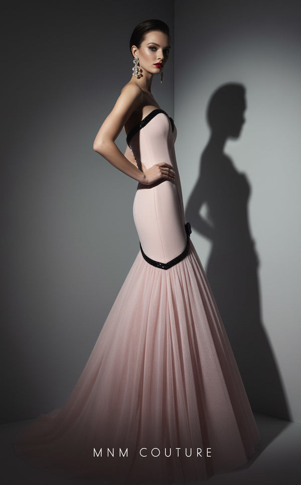 Pink crepe and tulle luxury gala gown with sequined bow MNM Couture B1203