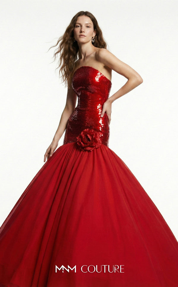 MNM Couture B1216A strapless sequin and organza drop-waist gown with arched neckline, mermaid-illusion skirt, and laser-cut floral detail | Couture Shop LA.