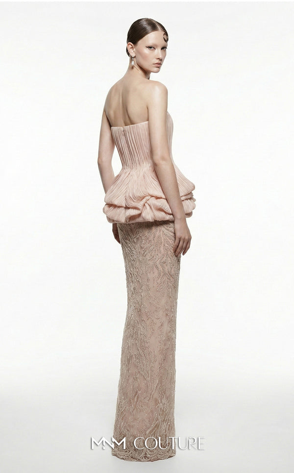 MNM Couture B1228 blush nude micro-pleated strapless sheath gown with oversized sculptural rose-like peplum and fitted lace column skirt | Couture Shop LA