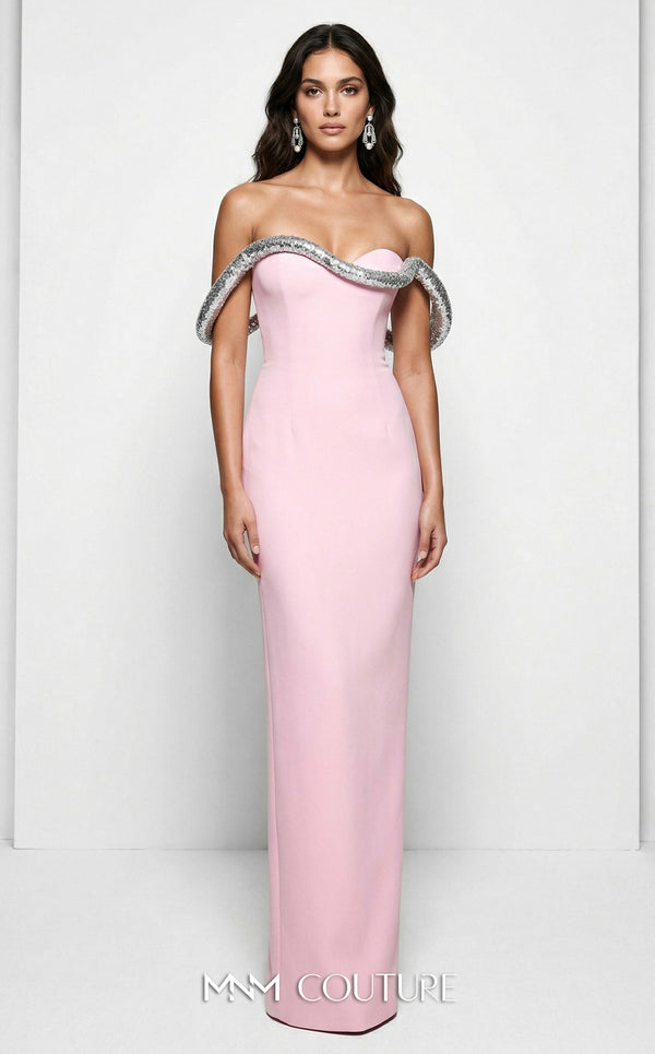 MNM Couture B1233 strapless crepe and sequin column gown with sweetheart neckline and 3D sequin rope embellishment with off-shoulder straps | Couture Shop LA.