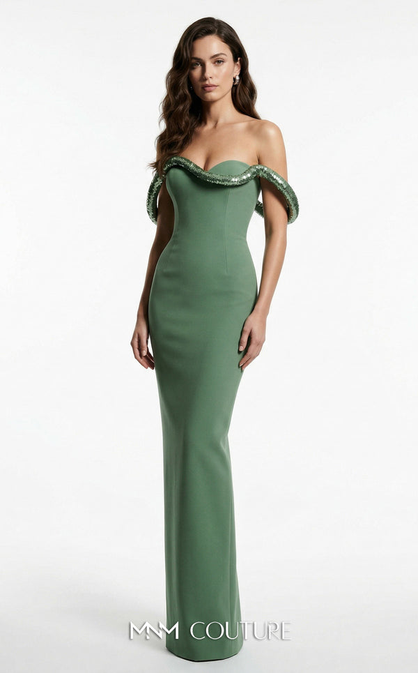 MNM Couture B1233 strapless crepe and sequin column gown with sweetheart neckline and 3D sequin rope embellishment with off-shoulder straps | Couture Shop LA.
