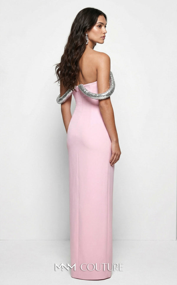 MNM Couture B1233 strapless crepe and sequin column gown with sweetheart neckline and 3D sequin rope embellishment with off-shoulder straps | Couture Shop LA.