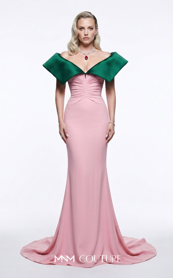 MNM Couture B1245 cognac brown crepe mermaid gown with oversized structured satin off-shoulder fold collar, sweetheart neckline, ruched waist, and sweeping train | Couture Shop LA