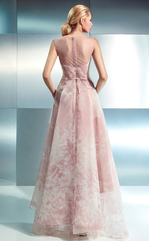 MNM Couture B1642 blush pink sleeveless A-line ball gown with allover corded botanical lace over nude illusion mesh, illusion jewel neckline, sheer lace shoulders, thin satin ribbon sash, and full sweeping skirt | Couture Shop LA