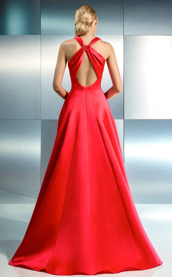 MNM Couture B1646 watermelon coral satin ball gown with deep V-neckline, slender straps, crisscross X open back, and full skirt with hidden pockets | Couture Shop LA