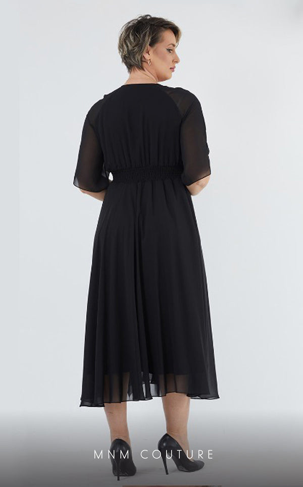 GLAM by MNM Couture DZ226B short sleeve V-neck midi dress with classic tailoring. | Couture Shop LA
