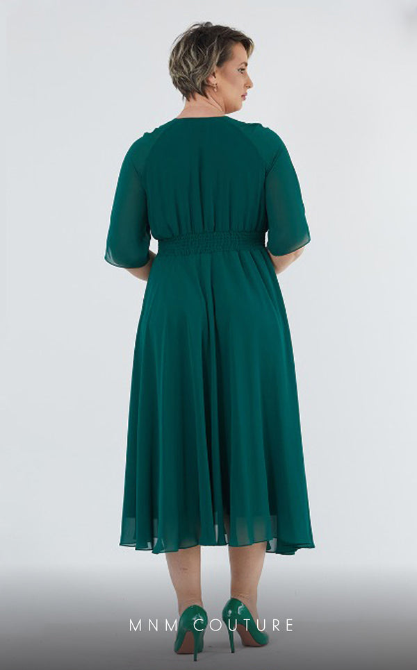 GLAM by MNM Couture DZ226B short sleeve V-neck midi dress with classic tailoring. | Couture Shop LA
