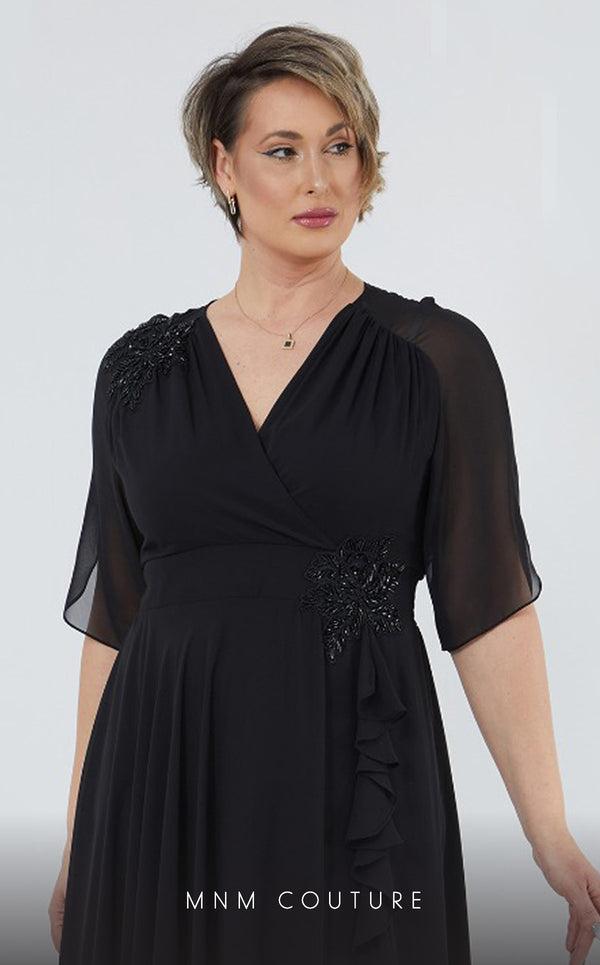 GLAM by MNM Couture DZ226B short sleeve V-neck midi dress with classic tailoring. | Couture Shop LA