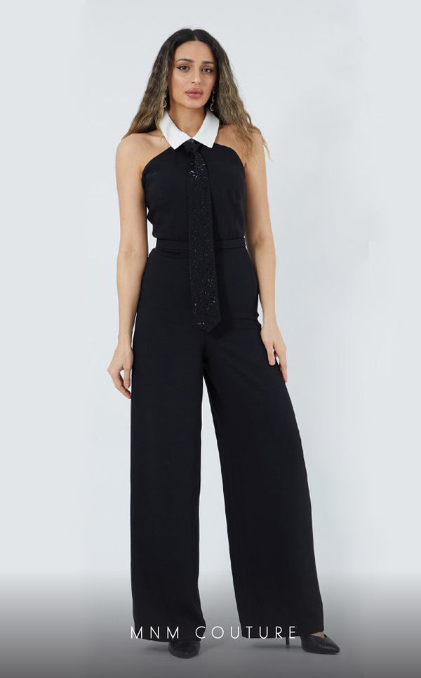 GLAM by MNM Couture DZ3565 halter tuxedo collar jumpsuit with bold tailoring. | Couture Shop LA