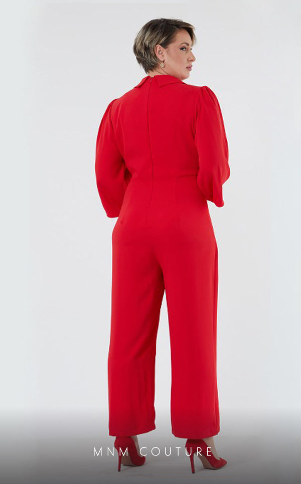GLAM by MNM Couture DZ407B V-neck jumpsuit with 3/4 sleeves and sleek tailoring. | Couture Shop LA