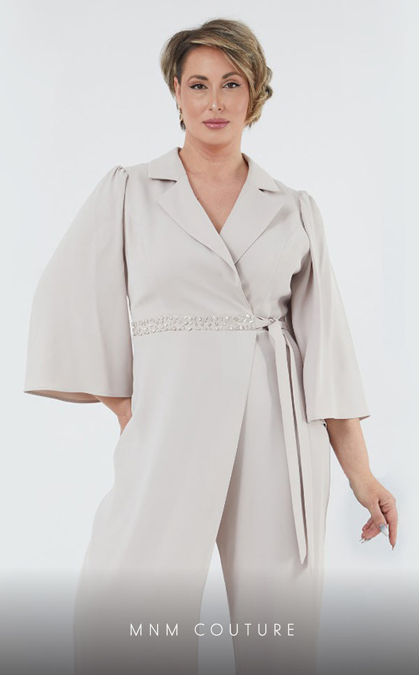 GLAM by MNM Couture DZ407B V-neck jumpsuit with 3/4 sleeves and sleek tailoring. | Couture Shop LA