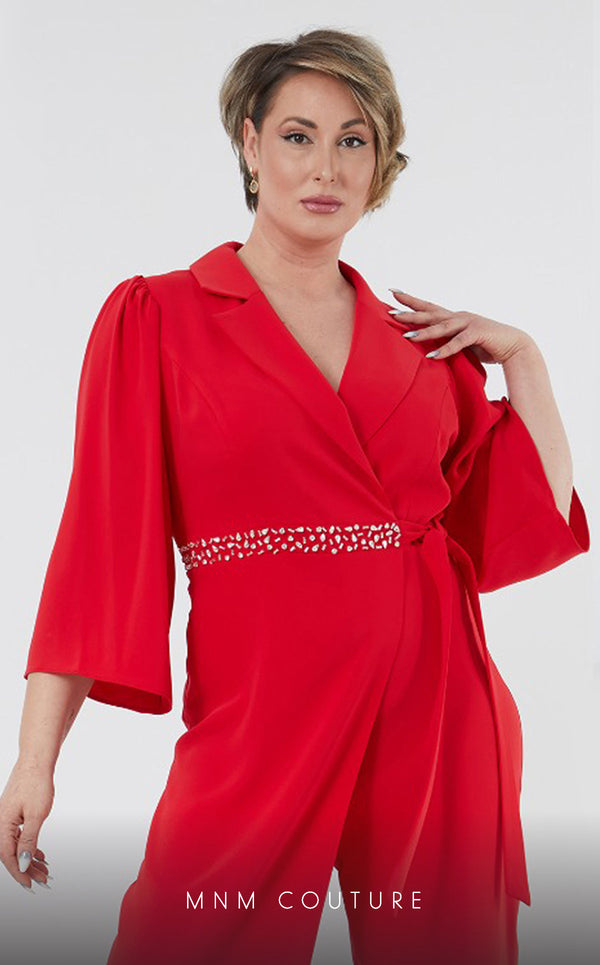 GLAM by MNM Couture DZ407B V-neck jumpsuit with 3/4 sleeves and sleek tailoring. | Couture Shop LA