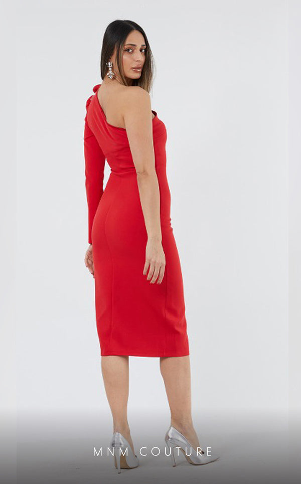 GLAM by MNM Couture DZ50226 one-shoulder diagonal neck midi dress with modern elegance. | Couture Shop LA