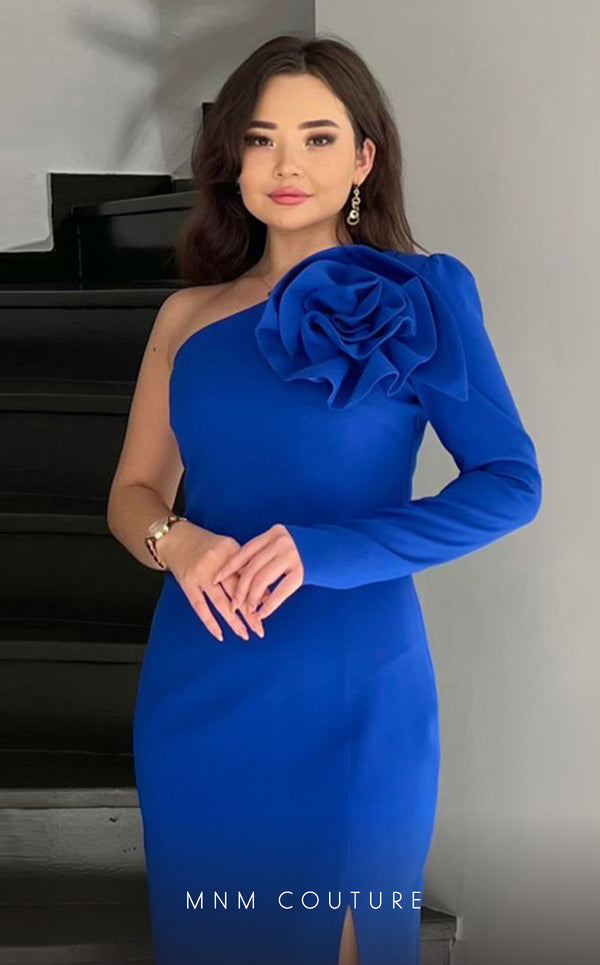 GLAM by MNM Couture DZ50226 one-shoulder diagonal neck midi dress with modern elegance. | Couture Shop LA