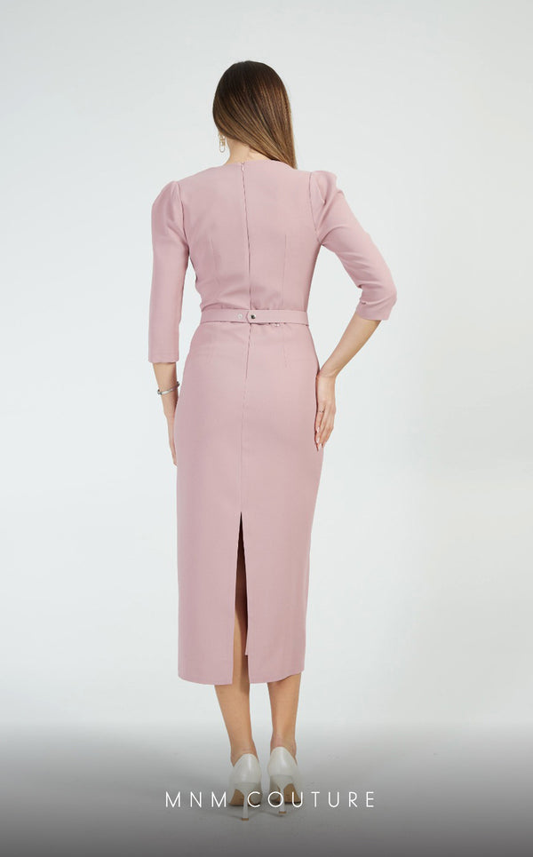 GLAM by MNM Couture DZ8103 V-neck midi dress with 3/4 sleeves and sophisticated details. | Couture Shop LA