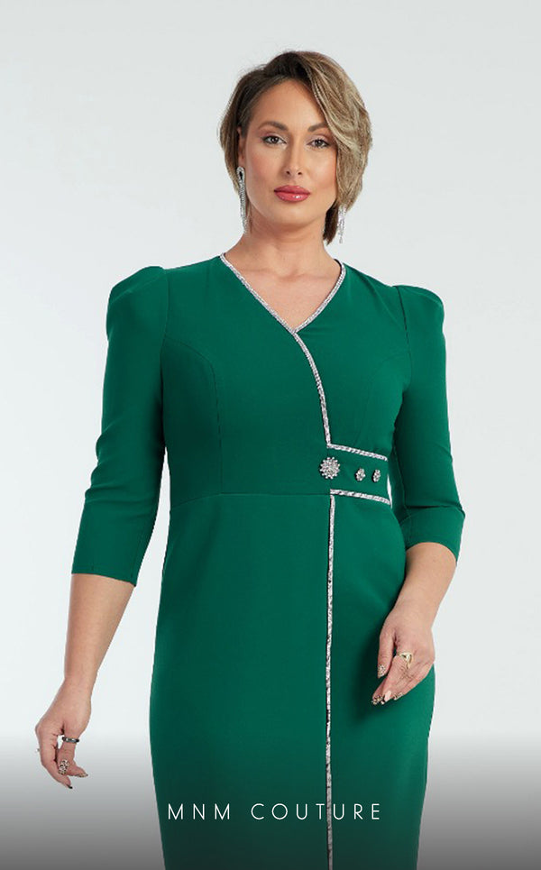 GLAM by MNM Couture DZ8263B 3/4 sleeve V-neck midi dress with timeless appeal. | Couture Shop LA